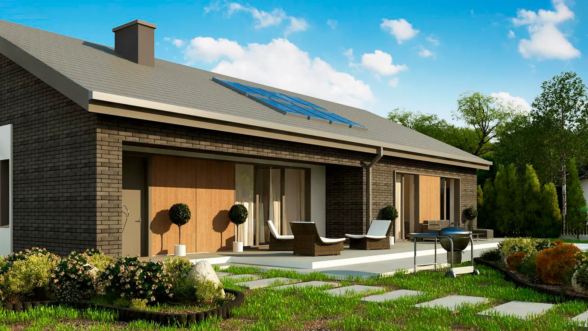 Single-Story House with Brick-Clad Façade